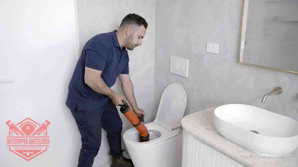 Een man gebruikt een handmatige luchtdruk-ontstopper in een modern betegeld toilet om zelf de wc te ontstoppen in Amstelveen